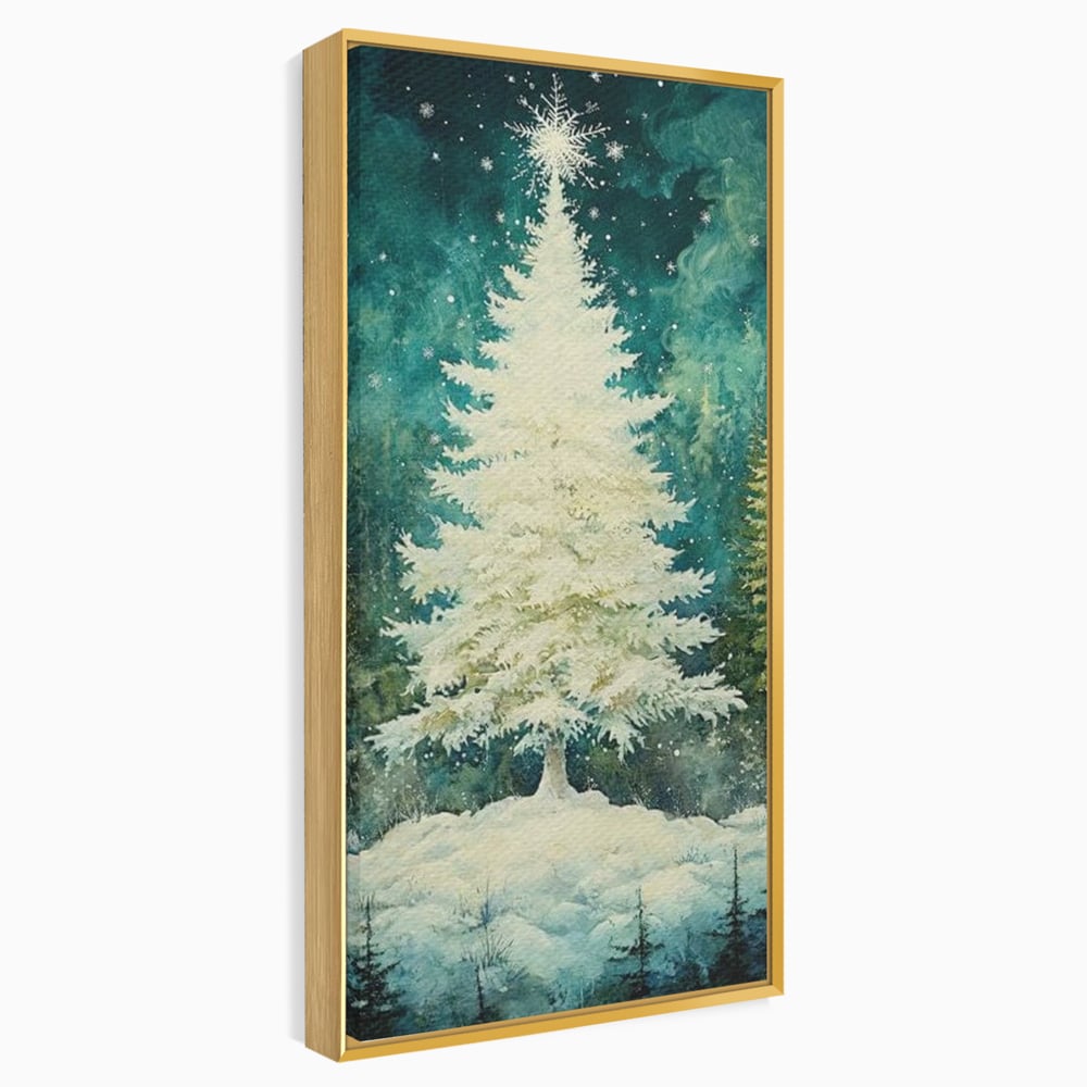 Tablou canvas cu pictura cu brad alb inzapezit, in rama de aluminiu auriu